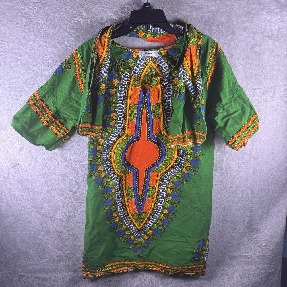 Lapogee Dress Womens XL Green Dashiki Print Kaftan Cotton Short Boho India